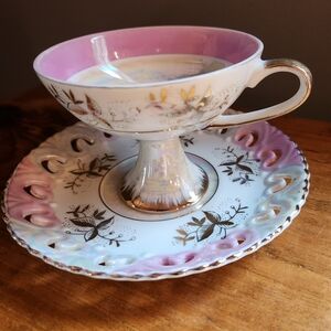 Lefton China Hand Painted Iridescent Tea Cup & Reticulated Saucer NE1424 Vintage